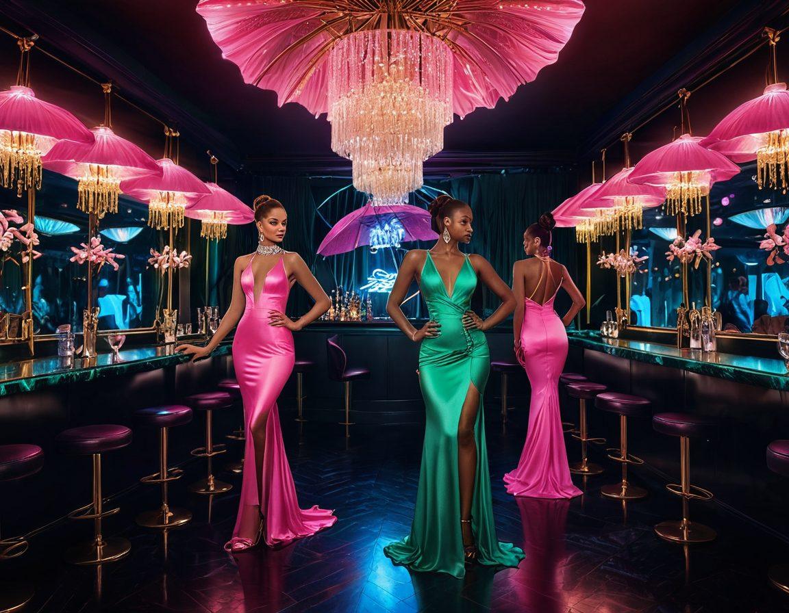 A bold, artistic representation of a luxurious nightclub setting with glamorous dancers, surrounded by vibrant neon lights. Include symbols of protection, like shields or umbrellas, interwoven seamlessly with elements representing erotic entertainment, such as silk fabrics and champagne glasses. Capture a sense of empowerment and risk management in a dynamic atmosphere. luminous colors. contemporary digital art.