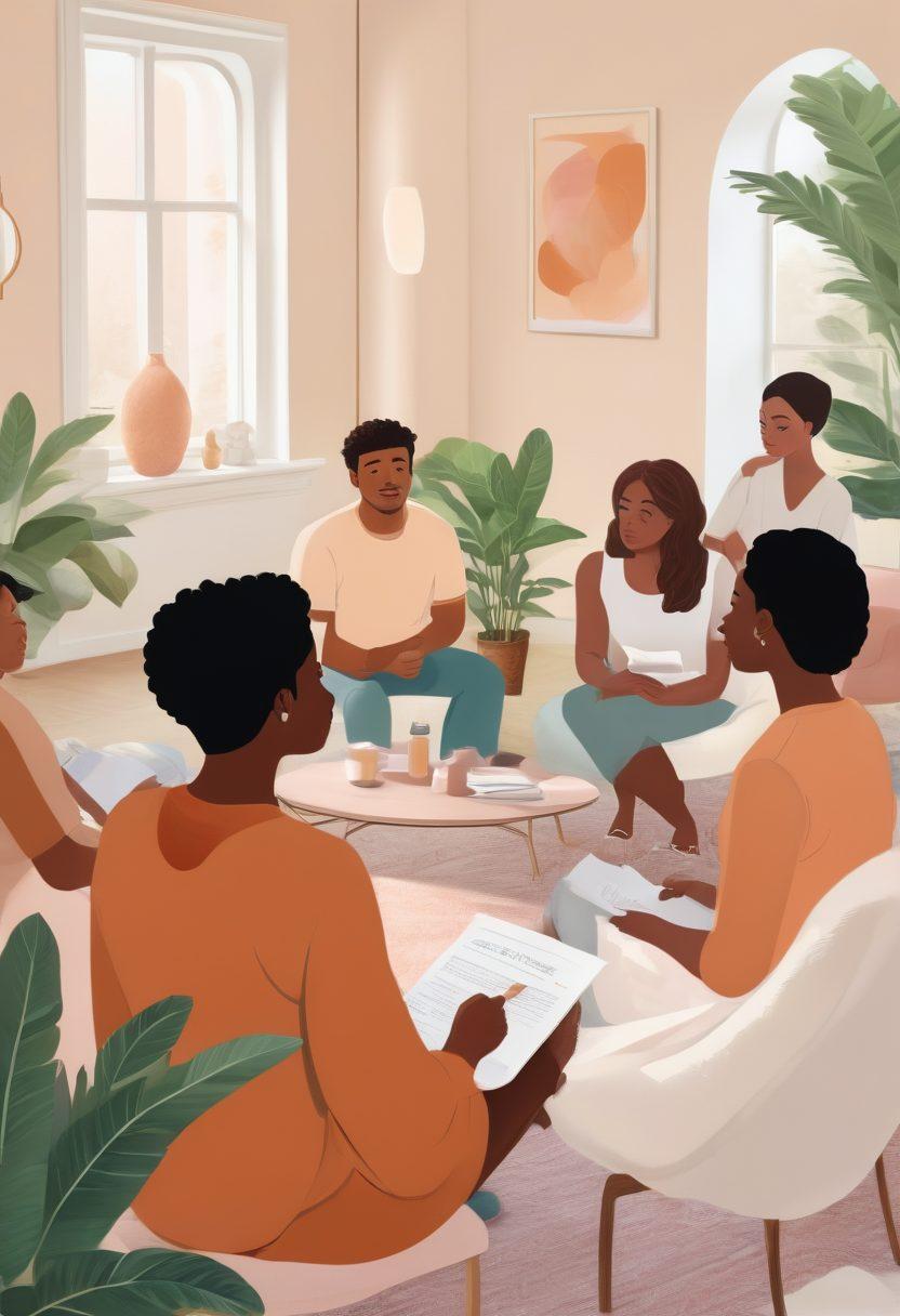A serene and inviting scene showcasing a diverse group of adults engaging in discussions about sexual wellness and empowerment, surrounded by informative materials like brochures and guides. Incorporate elements of inclusivity, such as various skin tones and body types, with an emphasis on positivity and exploration. The background features soft, calming colors and abstract shapes to enhance the intimate atmosphere. natural lighting to create a warm, inviting feel. super-realistic. vibrant colors.