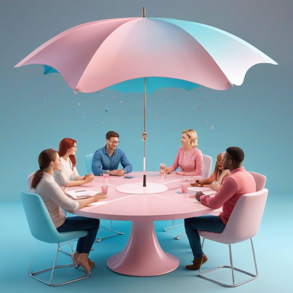 A professional and engaging illustration of a diverse group of adults discussing insurance options around a table, with visual elements representing sexual wellness and entertainment. Include symbols of protection like umbrellas and shields intertwined with playful motifs. The background features soft colors to evoke a sense of safety and comfort in the adult industry. Modern and sleek design. vibrant colors. 3D.
